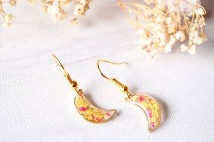 Real Pressed Flowers and Resin Earrings, Gold Moons in Yellow and Red