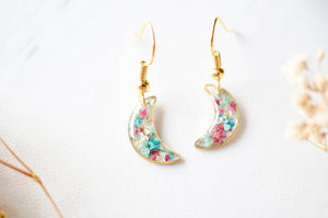 Real Pressed Flowers and Resin Earrings, Gold Moons in Yellow and Red