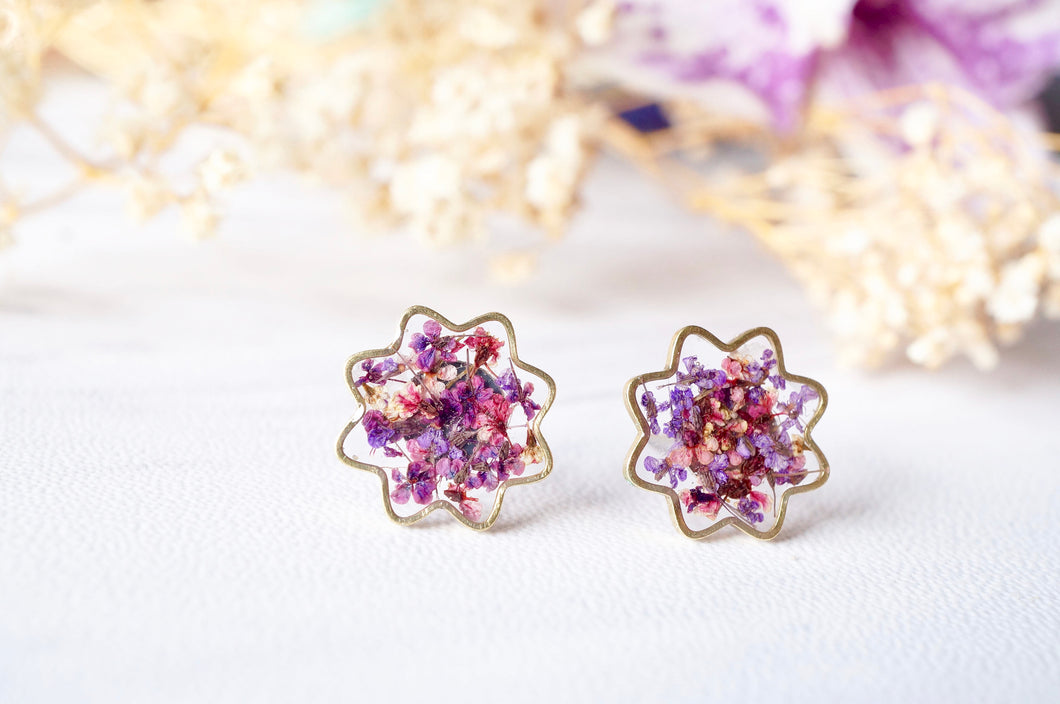 Real Pressed Flowers and Resin Flower Stud Earrings in Purples