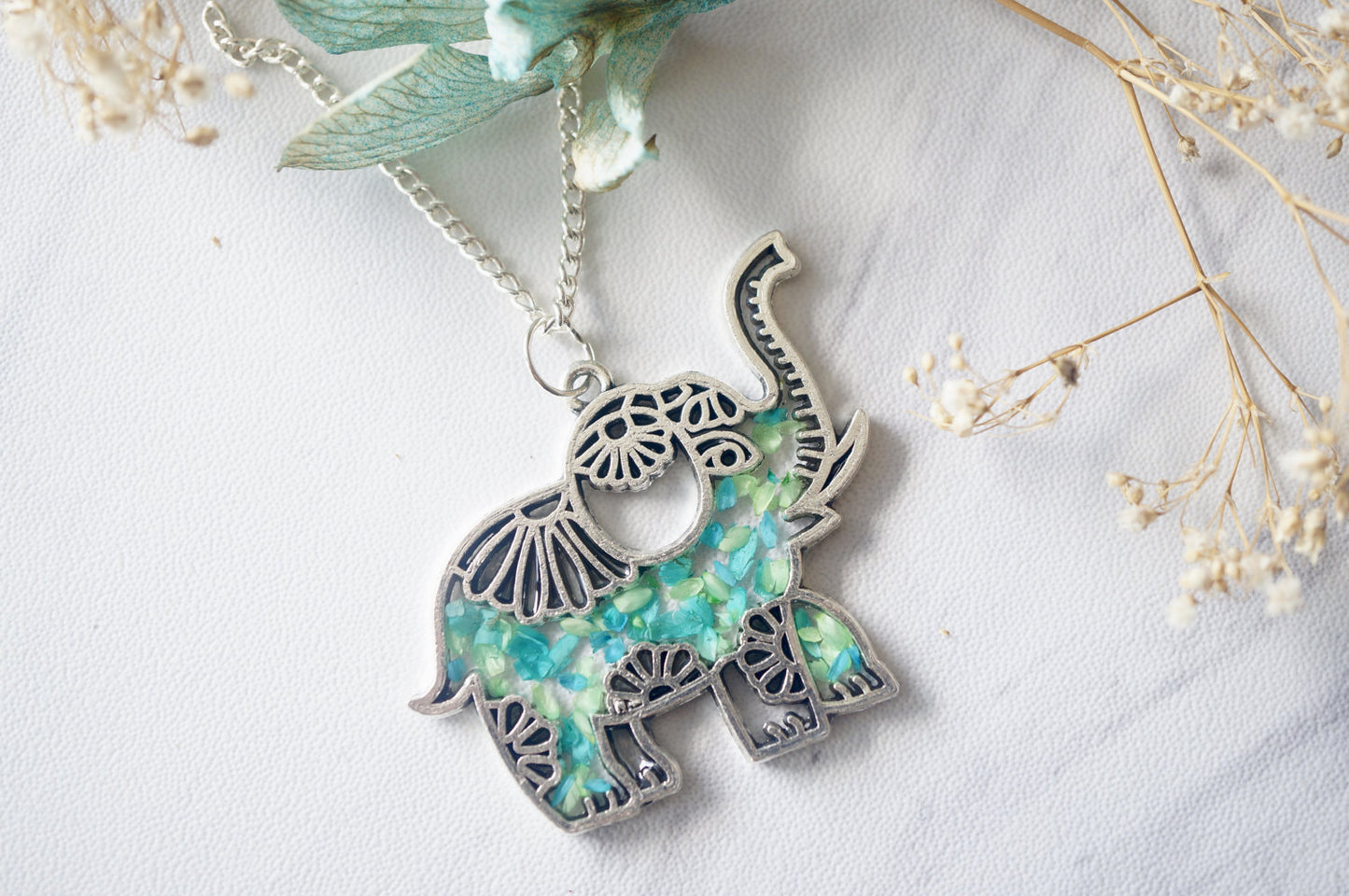 Real Dried Flowers in Resin Silver Tribal Elephant Necklace in Mint Teal Mix