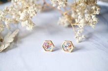 Real Dried Flowers and Resin Hexagon Gold Stud Earrings in Pastel Mix