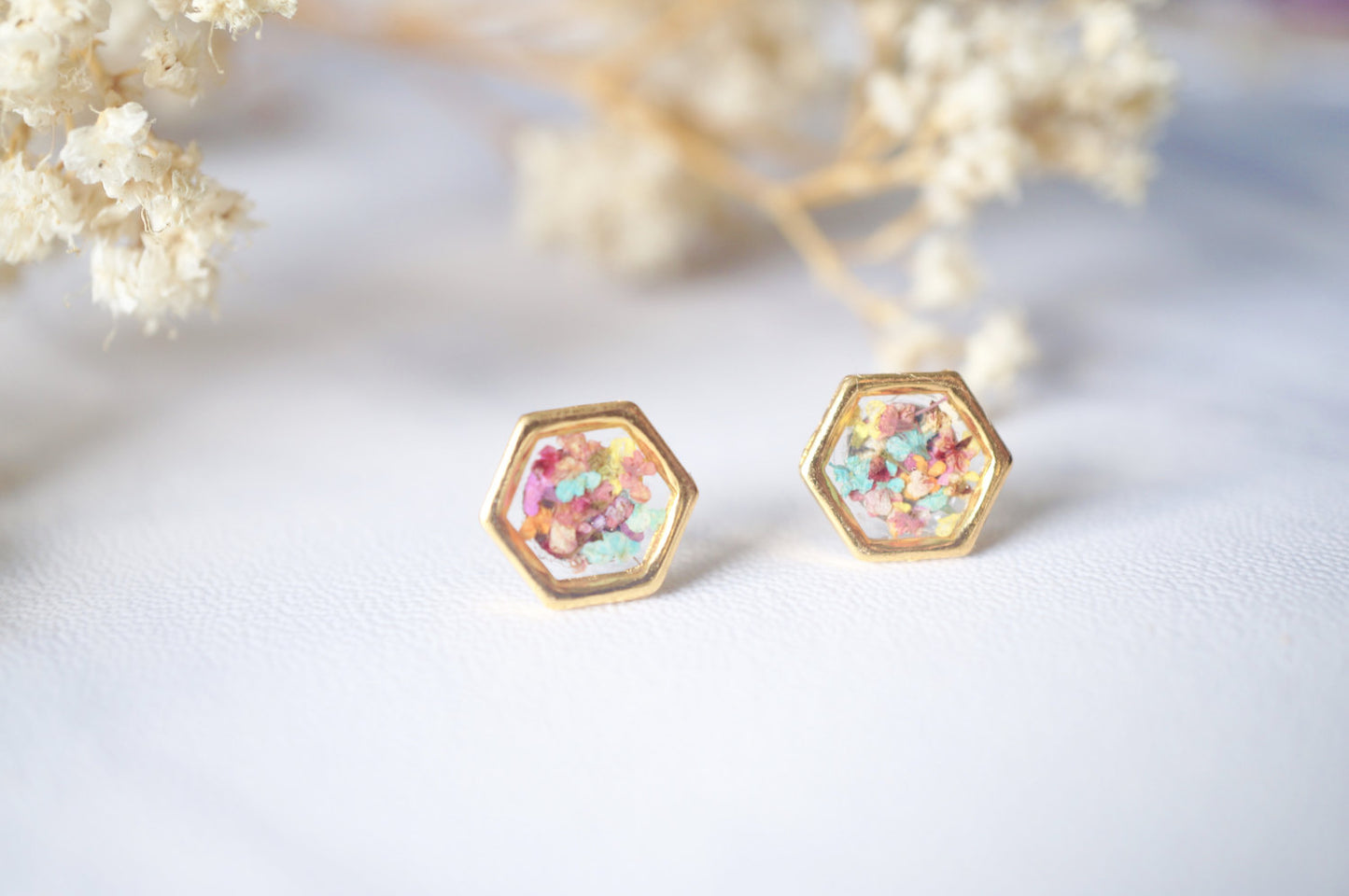 Real Dried Flowers and Resin Hexagon Gold Stud Earrings in Pastel Mix