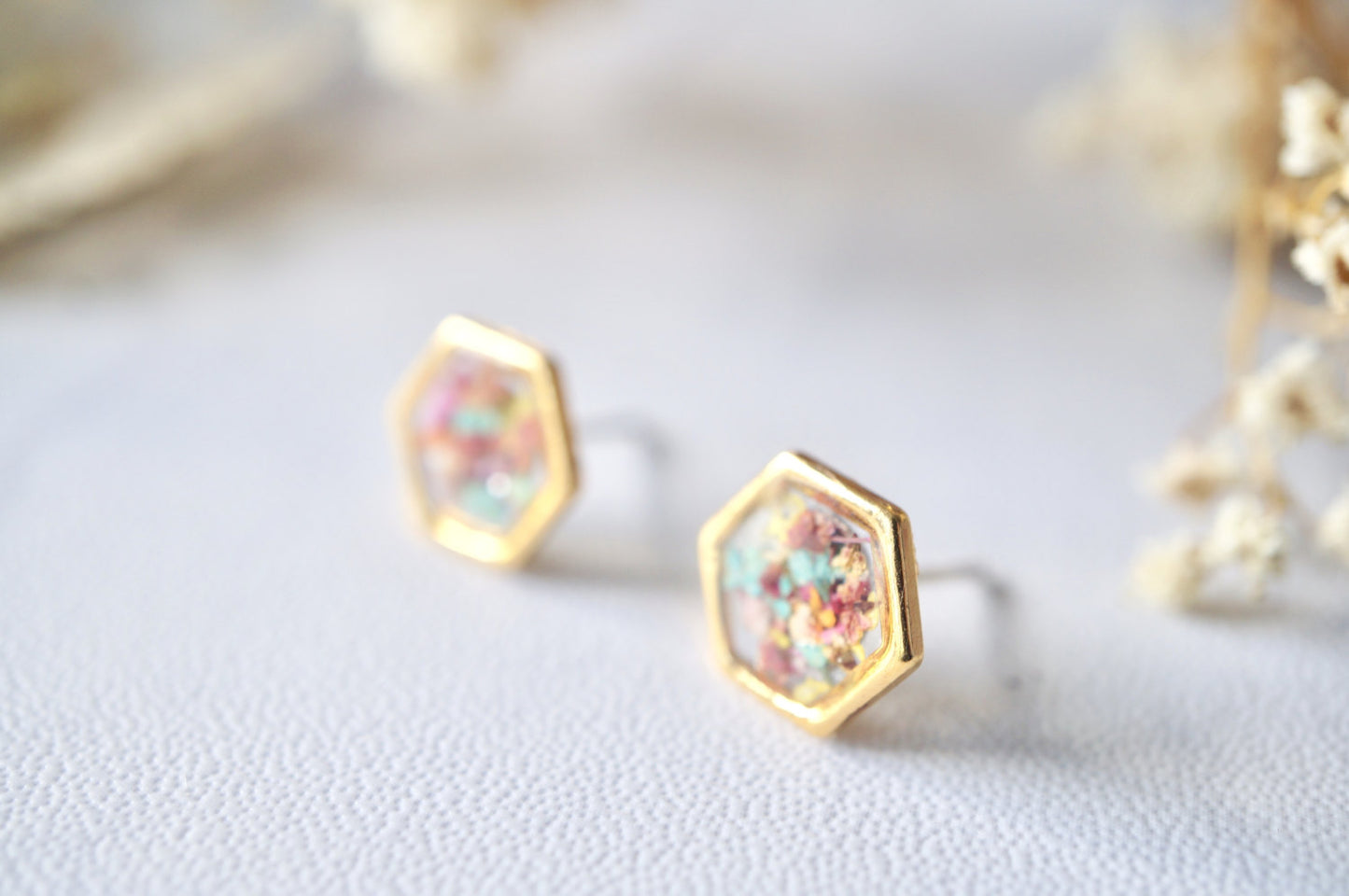 Real Dried Flowers and Resin Hexagon Gold Stud Earrings in Pastel Mix