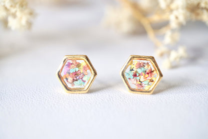 Real Dried Flowers and Resin Hexagon Gold Stud Earrings in Pastel Mix