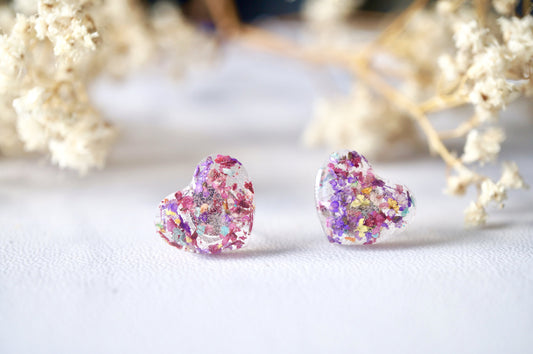 Real Dried Flowers and Resin Heart Stud Earrings in Purple Mix