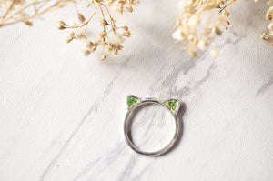 Real Pressed Flowers and Resin Silver Cat Ring in Green