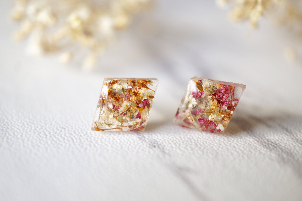 Real Dried Flowers and Resin Diamond Stud Earrings in Orange Rose White