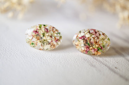 Real Dried Flowers and Resin Oval Stud Earrings in Orange Rose White Green