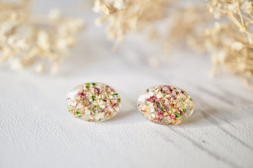 Real Dried Flowers and Resin Oval Stud Earrings in Orange Rose White Green