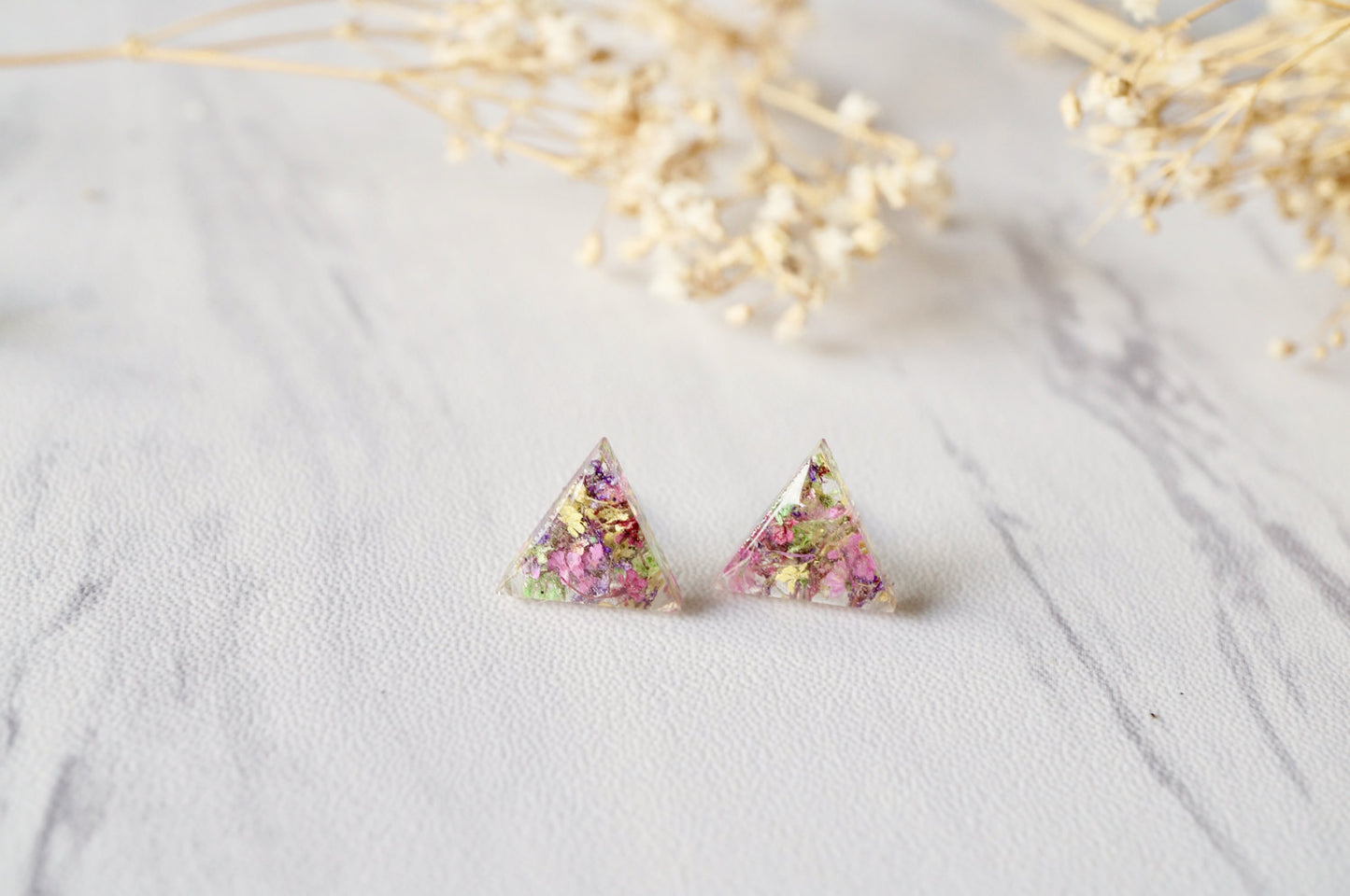 Real Dried Flowers and Resin Triangle Stud Earrings in Pink Yellow Purple Green