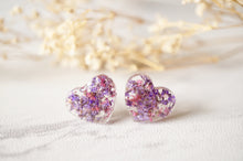 Real Dried Flowers and Resin Heart Stud Earrings in Purple and Rose