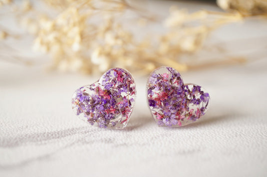 Real Dried Flowers and Resin Heart Stud Earrings in Purple and Rose