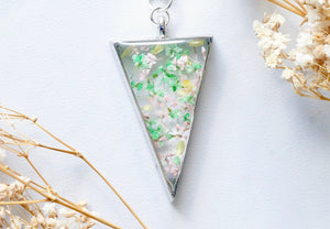 Real Pressed Flower and Resin Necklace Silver Triangle in Green, Pastel Pink, and Yellow