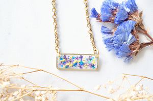 Real Dried Flowers and Resin Necklace, Gold Bar in Purple Yellow Blue
