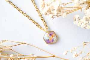 Real Dried Flowers in Resin Necklace, Small Gold Hexagon in Purples Oranges and Mint