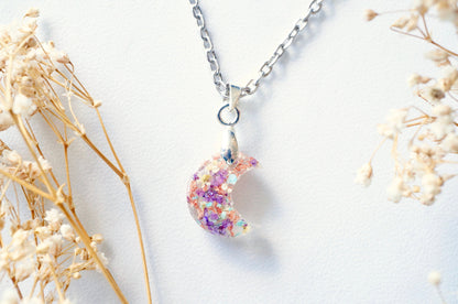 Real Pressed Flowers in Celestial Moon Resin Necklace - Purple Yellow Mint White with Rose Gold Flakes