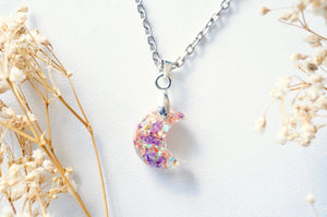 Real Pressed Flowers in Celestial Moon Resin Necklace - Purple Yellow Mint White with Rose Gold Flakes