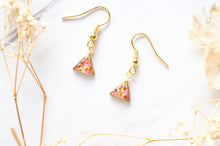 Real Dried Flowers and Resin Earrings, Gold Triangle Drops in Pink and Yellow
