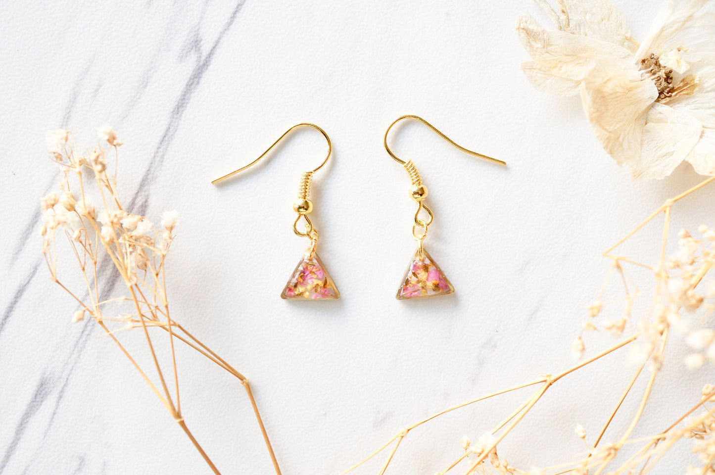 Real Dried Flowers and Resin Earrings, Gold Triangle Drops in Pink and Yellow