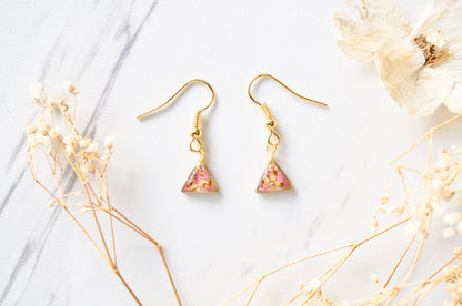 Real Dried Flowers and Resin Earrings, Gold Triangle Drops in Pink and Yellow