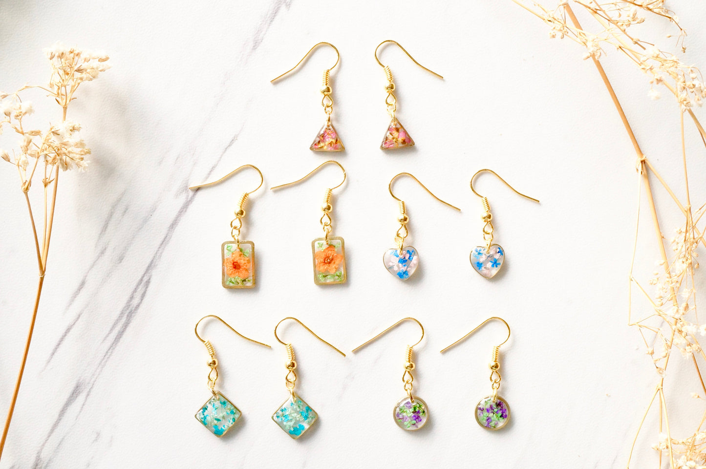 Real Dried Flowers and Resin Earrings, Gold Triangle Drops in Pink and Yellow