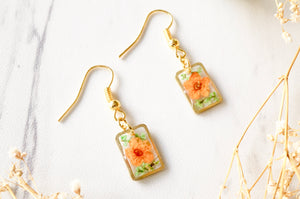 Real Dried Flowers and Resin Earrings, Gold Rectangle Drops in Orange and Green
