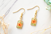 Real Dried Flowers and Resin Earrings, Gold Rectangle Drops in Orange and Green