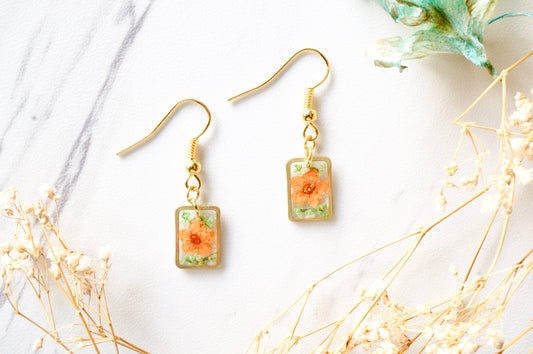 Real Dried Flowers and Resin Earrings, Gold Rectangle Drops in Orange and Green