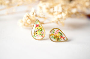 Real Dried Flowers and Resin Stud Earrings, Gold Teardrop in Yellow Red Pink Green