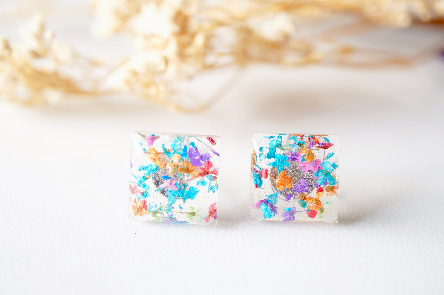 Real Dried Flowers and Resin Square Stud Earrings in Party Mix