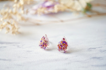 Real Dried Flowers and Resin Teardrop Stud Earrings in Pink Purple Orange