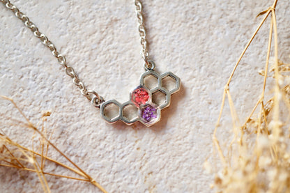 Real Dried Flowers in Honeycomb Resin Necklace in Pink and Purple