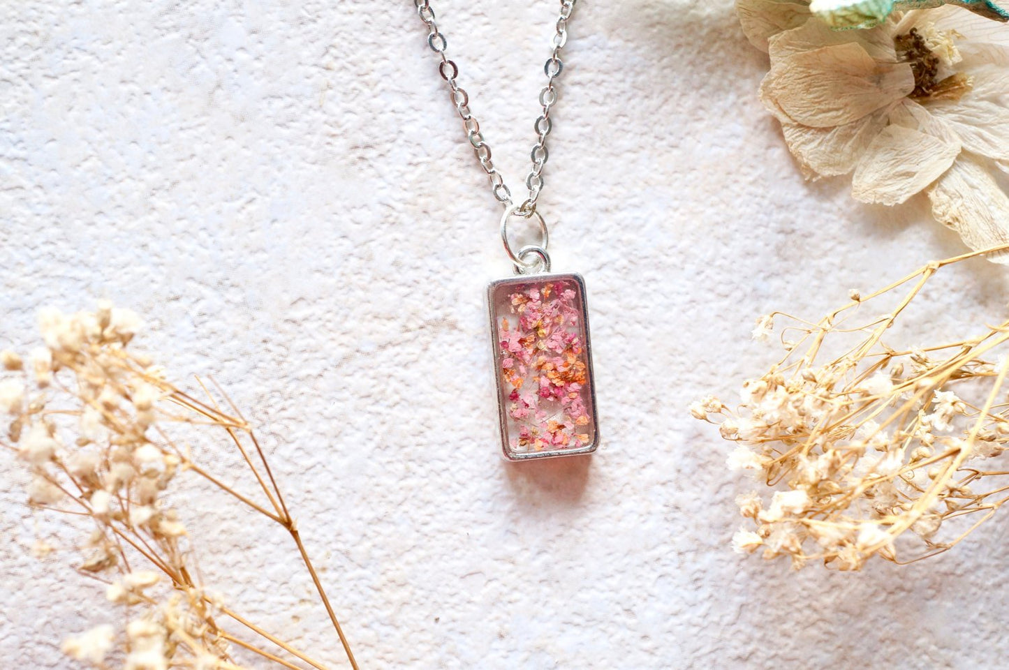 Real Dried Flowers in Resin Necklace in Pinks and Oranges