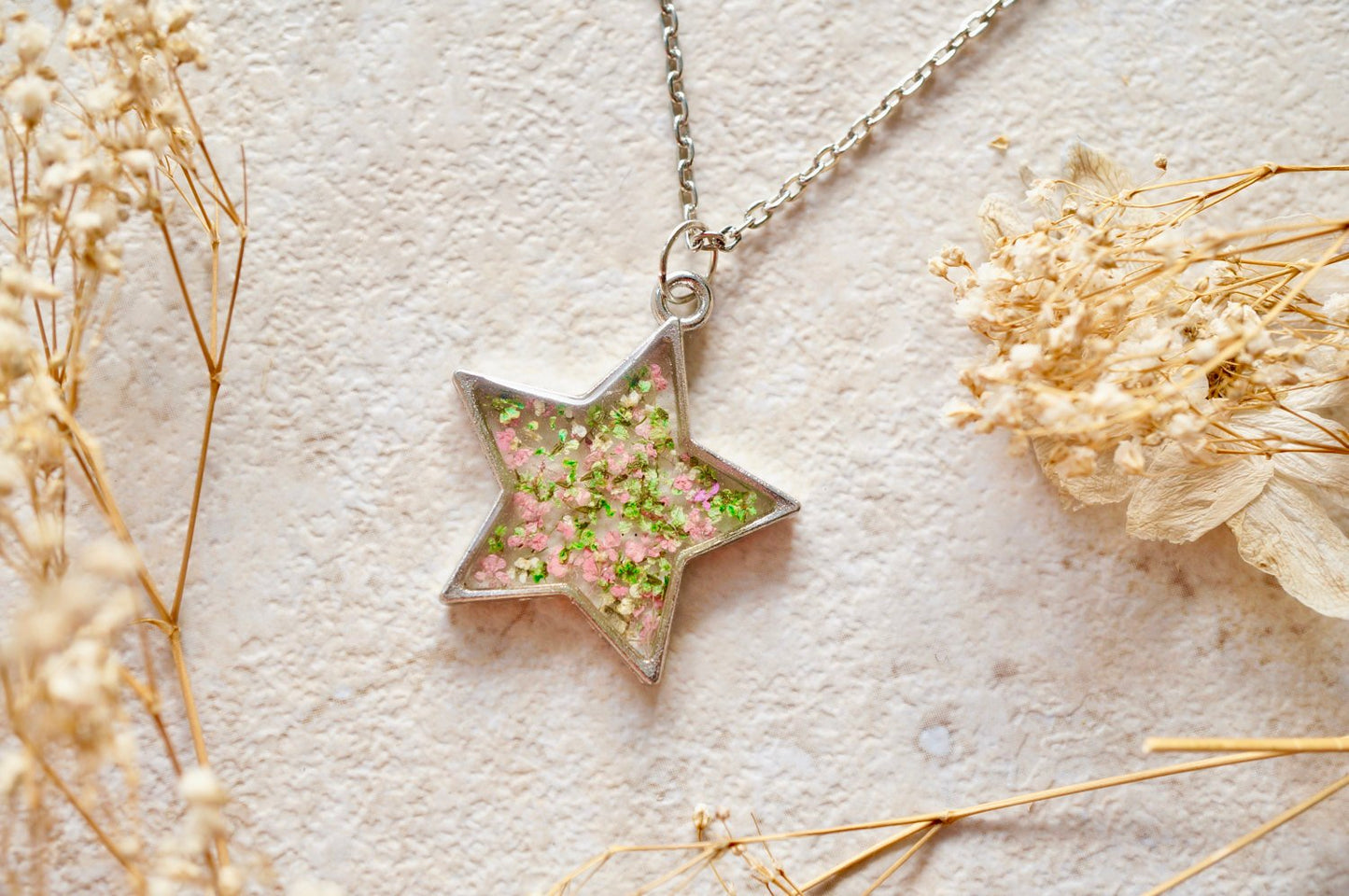 Real Pressed Flower and Resin Star Necklace in Pink Green