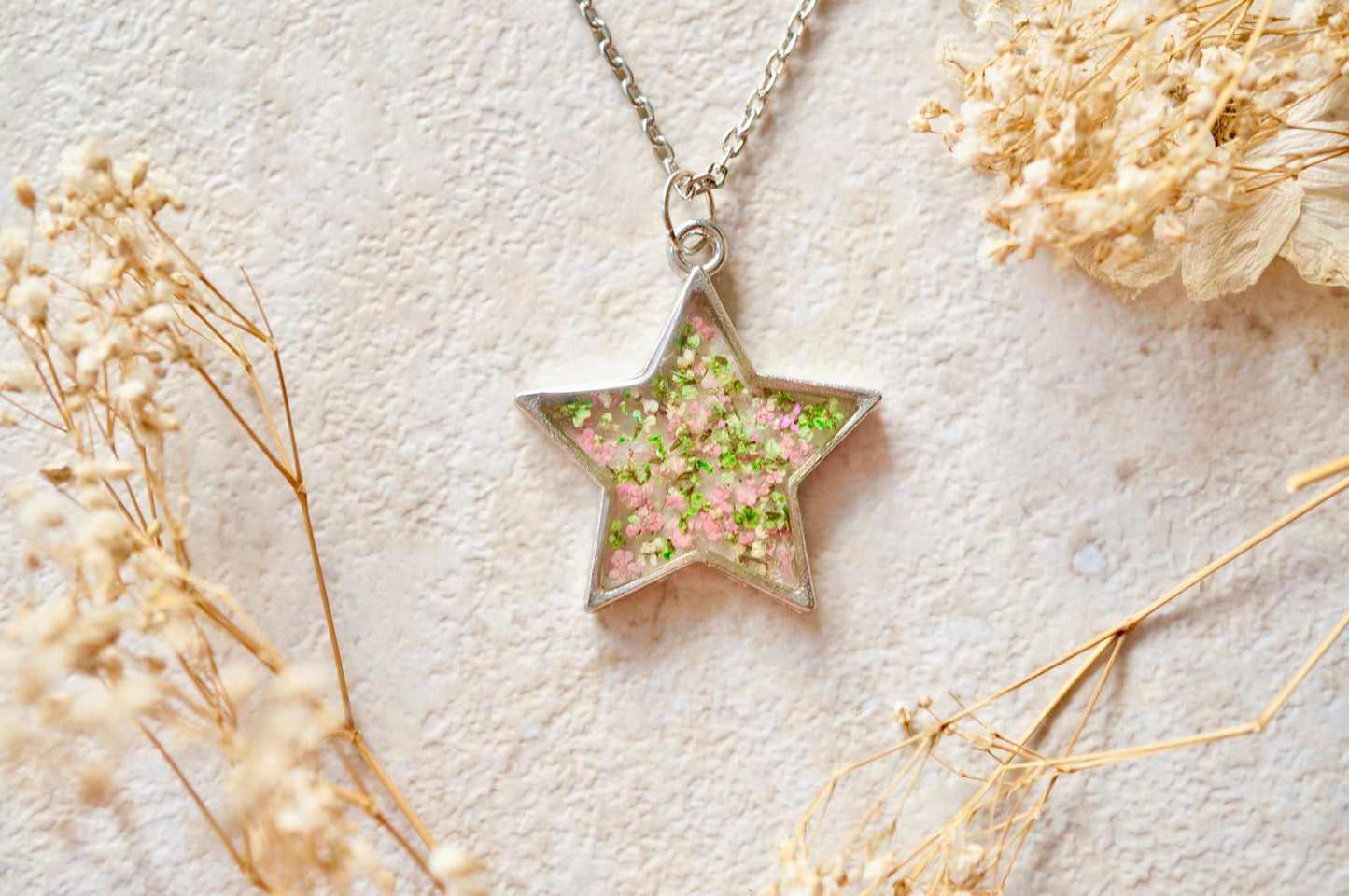 Real Pressed Flower and Resin Star Necklace in Pink Green