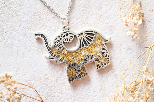 Real Dried Flowers in Resin Silver Tribal Elephant Necklace in Yellow White Mix