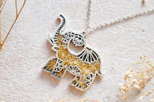 Real Dried Flowers in Resin Silver Tribal Elephant Necklace in Yellow White Mix