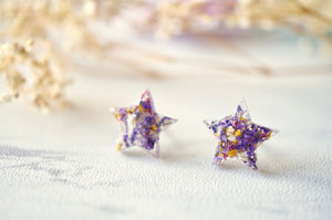 Real Dried Flowers and Resin Star Stud Earrings in Purple Pink Yellow