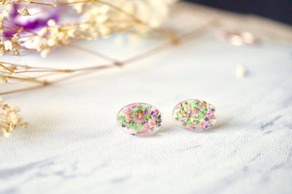 Real Dried Flowers and Resin Oval Stud Earrings in Purple Pink Green