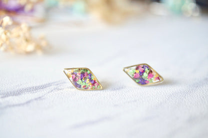 Real Dried Flowers and Resin Diamond Stud Earrings in Purple Pink Green Yellow Mix