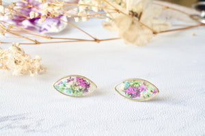 Real Dried Flowers and Resin Eye Stud Earrings in Purple Pink Green Blue White