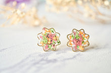 Real Dried Flowers and Resin Flower Stud Earrings in Pink Green Orange Mix