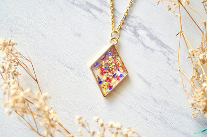 Real Pressed Flower and Resin Necklace Gold Diamond in Yellow, Red, Purple, Gold Foil