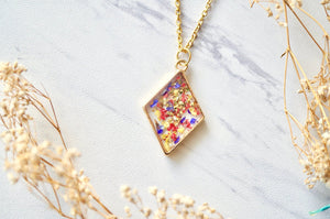 Real Pressed Flower and Resin Necklace Gold Diamond in Yellow, Red, Purple, Gold Foil