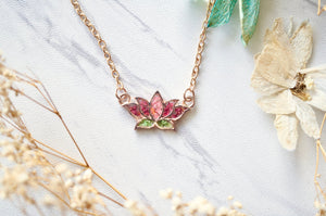 Real Pressed Flowers and Resin Necklace Rose Gold Lotus Flower in Pink and Green
