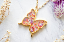 Real Dried Flowers and Resin Butterfly Necklace in Gold, Purple, Orange, Red