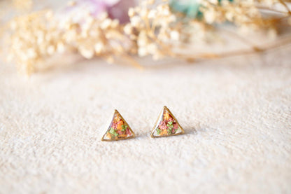 Real Dried Flowers and Resin Triangle Stud Earrings in Pink, Orange, Green