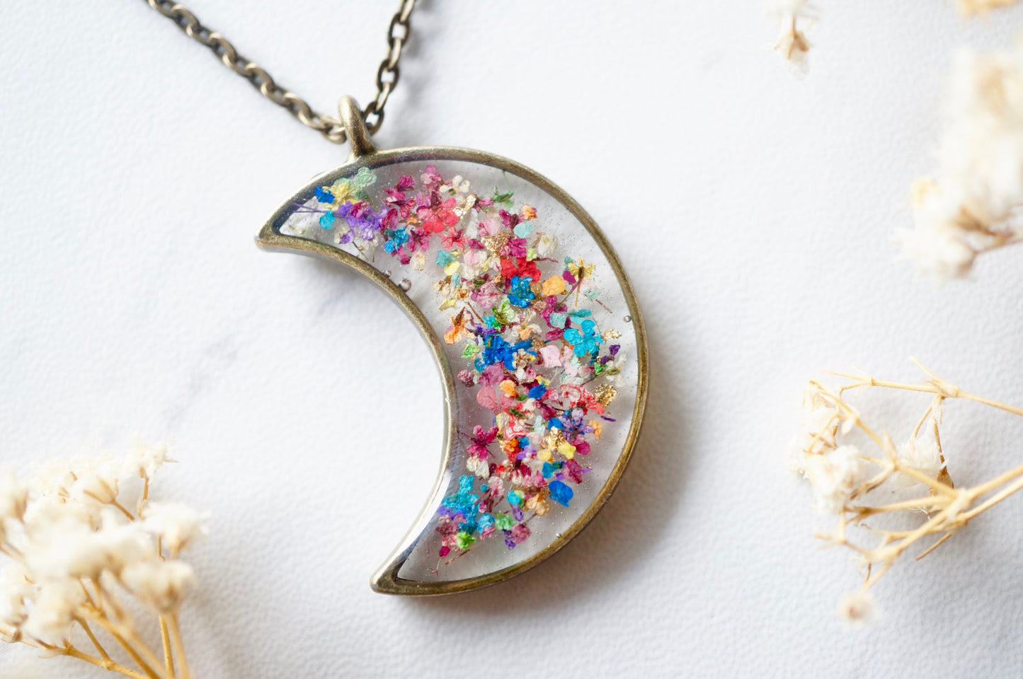 Real Dried Flowers and Resin Moon Necklace in Party Mix