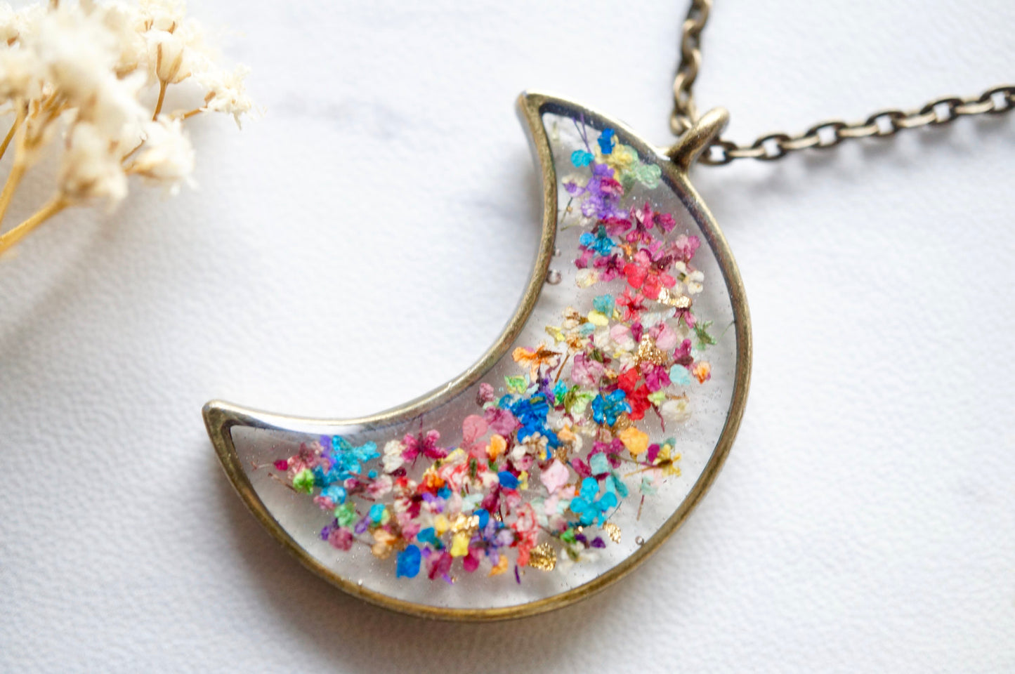 Real Dried Flowers and Resin Moon Necklace in Party Mix