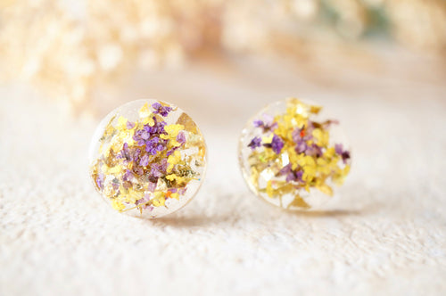Real Dried Flowers and Resin Circle Stud Earrings in Purple, Yellow and Gold Flakes